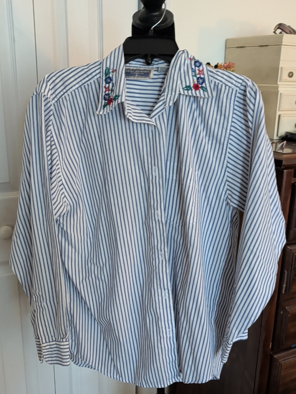 Embroidered Collar Blue & White Stripe Button-Down Shirt